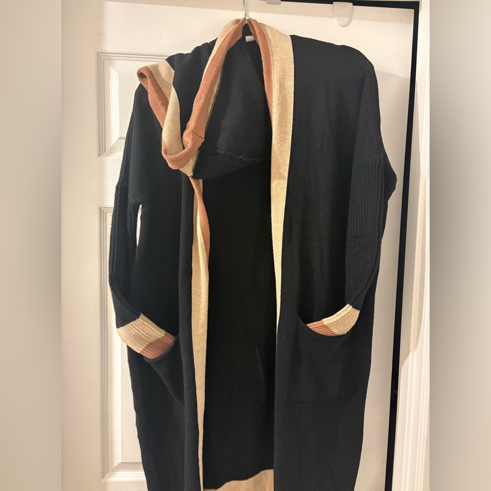 Black Hooded Cardigan with Tan Trim